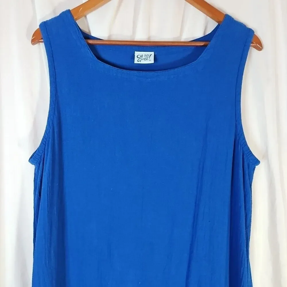 Oh My Gauze! Blue Ruffle Maxi Dress Women's 2 L XL Lagenlook Cotton Square Neck - Picture 3 of 7